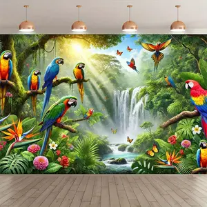 Vibrant Tropical Rainforest Bird Gathering Tapestry High-Quality Polyester Photography Backdrop with Waterfall Flowers Lush Foliage for Studio Props Party Decor Indoor Outdoor Banner No Electricity Needed