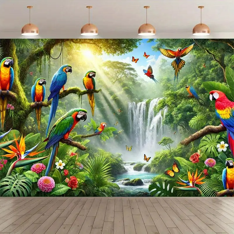 High-Quality Polyester Tropical Rainforest Bird Gathering Tapestry Wall Mural, Durable Decorative Flower Pattern Wall Hanging Tapestry with Waterfall, Lush Foliage for Studio Props, Party Decor Hanging