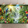 High-Quality Polyester Tropical Rainforest Bird Gathering Tapestry Wall Mural, Durable Decorative Flower Pattern Wall Hanging Tapestry with Waterfall, Lush Foliage for Studio Props, Party Decor Hanging