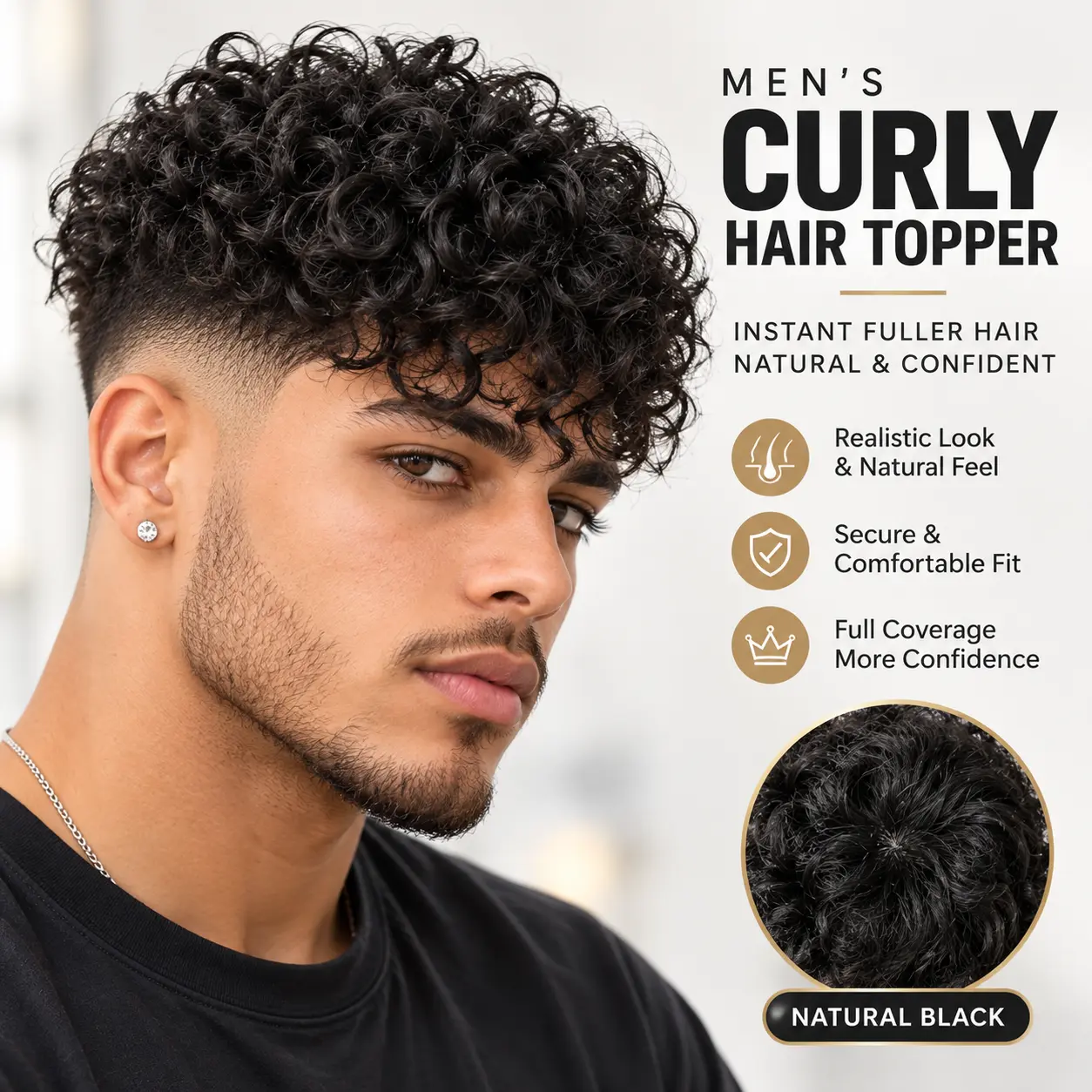 Men’s Natural Black Curly Crown Hair Replacement Block - 4-Clip Secure Hold, Breathable Real Human Hairpiece for Thinning Crown