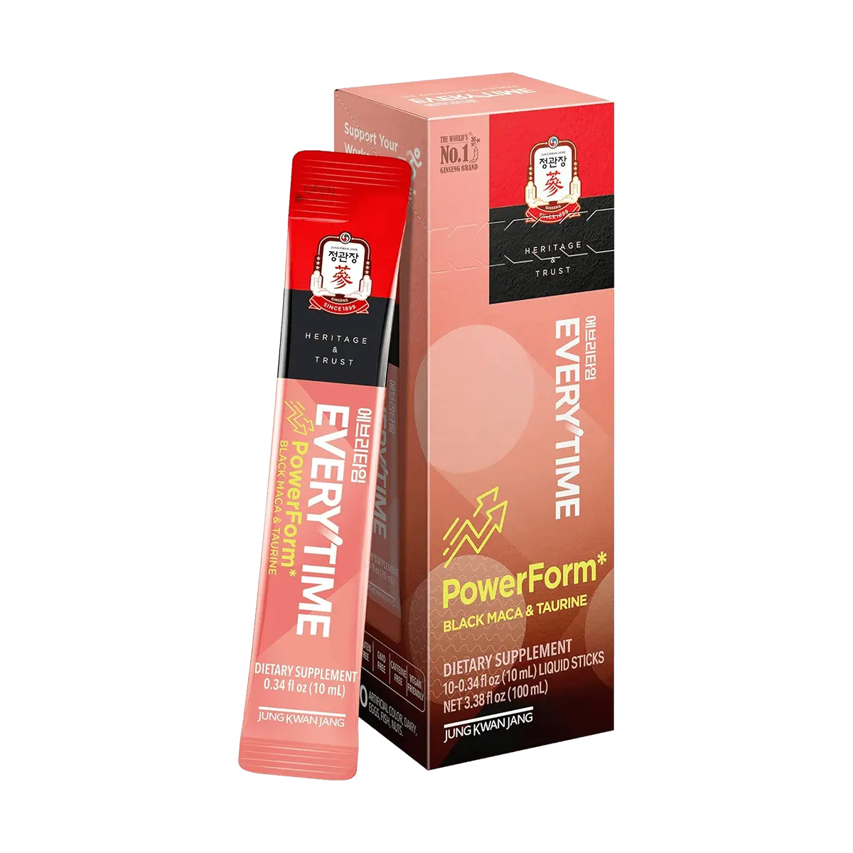 JungKwanJang Everytime Black Maca & Taurine Ginseng Drink - Korean Red Ginseng Supplement for Energy, Anti-Fatigue, Vegan, Low Calorie, Caffeine-Free (10 Sticks)