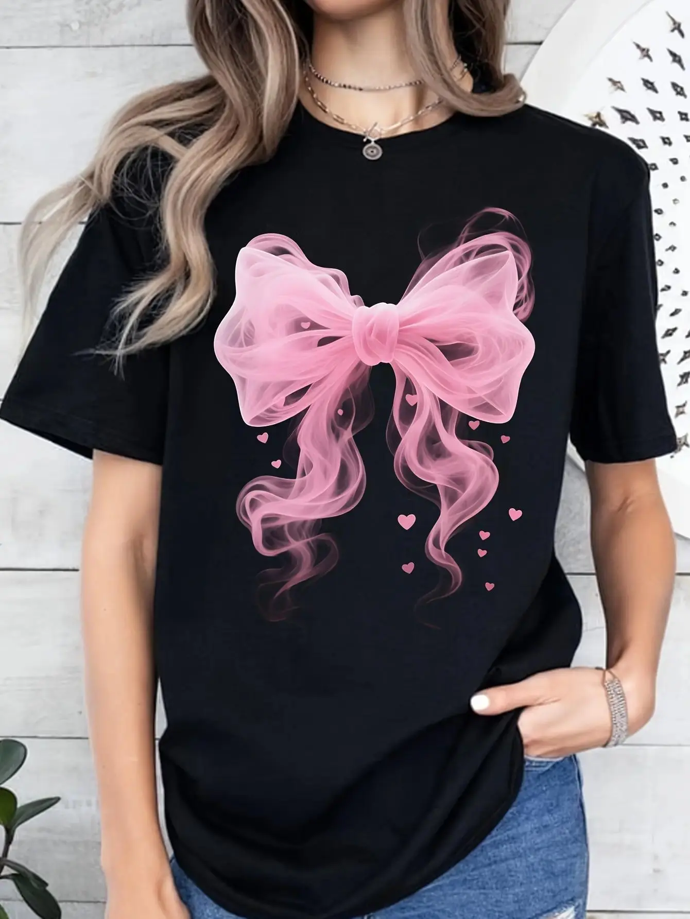 Women's Casual Short Sleeve T-Shirt: Cotton Black-Pink Bow-Heart Geometric Print, Loose Elastic Machine-Washable, Must-Have for SS, Perfect with Jeans