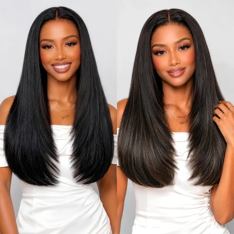 Teslal Hair Glueless Natural Black Straight Layered Wig Wear and Go 6X6 T-Part Lace Front Synthetic Wig Pre Style Pre Plucked Pre Cut Vivid Self-growing Hairline Tiny Knots Premium Fiber