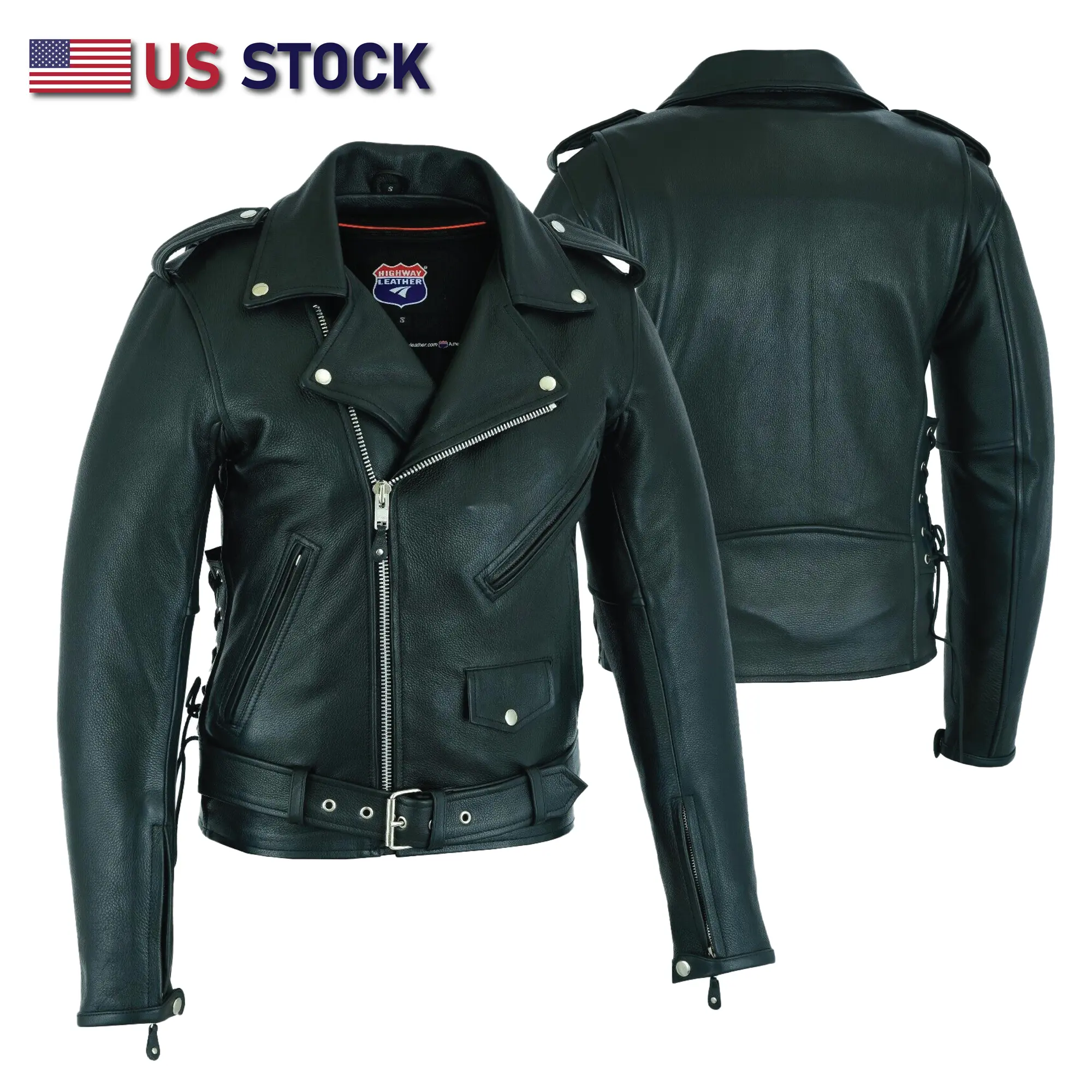 Highway Leather Men's Plain Long-Sleeve Full-Sleeve Thick Zippered Old School Police Style Highway Motorcycle Leather Jacket with 2 Ammo Pockets, Menswear Tops & Coats HL10205BLACK, Full Sleeve Zip Out Liner