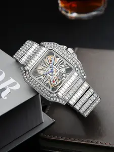 RICECGO Men's Luxury Comfort Watch, full-diamond openwork design, sparkling rhinestones, stylish accessory, Quartz Analog Wristwatch, men's business watch, perfect for everyday gifting and commuting