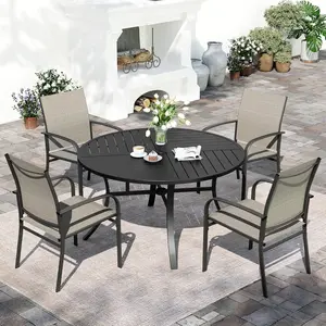 5 Piece Patio Dining Set for 4, 42" x 42" Round Metal Table with Umbrella Hole and 4 Brown Chairs, Outdoor Table and Chairs Set for Lawn Backyard and Deck