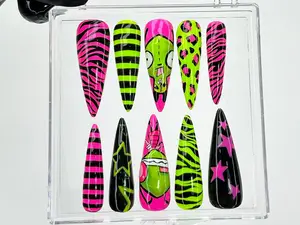 Terra Nail – Girl Alien Press On Nails | Y2K Zebra & Star Press Ons | Kawaii Techcore | Vibrant Zebra Star Nails – TN78
