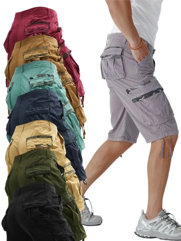 Men's Solid Washed Knee Length Cargo Shorts, Loose Fit Multi Pocket Tactical Bermuda Shorts with Drawstring Hem, Soft Cotton Casual Utility Shorts, 8 Classic Solid Color Streetwear Bottoms for Summer Outdoor Hiking Fishing Daily Hip Hop Outfits