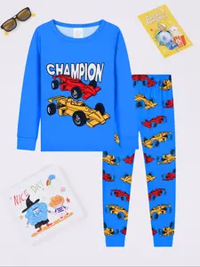 Boys' Long Sleeve Round Neck Pajamas Set, Digital Print Racing Car Design, Casual Comfortable Sleepwear for All Seasons, Cartoon Print Pajama