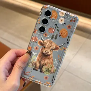 Transparent Floral Cow Design Phone Case, Shockproof Anti-Drop Cover, Fits Samsung S23/plus/ultra/fe Series, Birthday Gift for Family Friends
