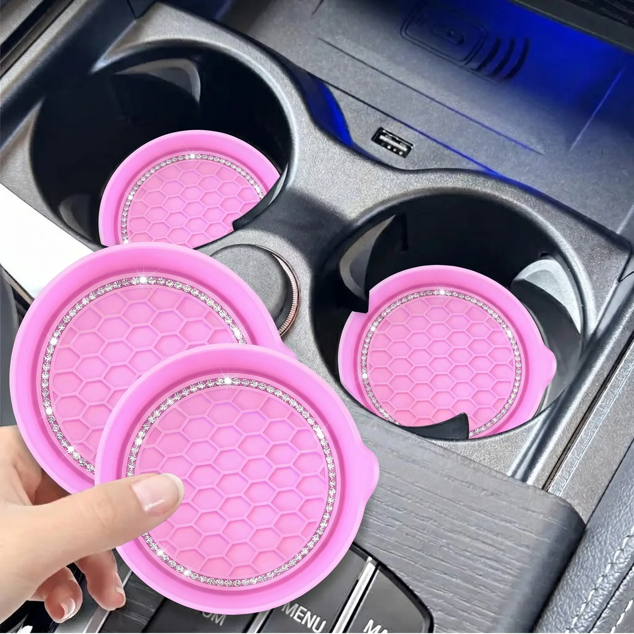 2PCS Luxury Bling Crystal Car Cup Holder Coasters, Non-Slip Interior Anti-Slip Mats, Universal Fit Decorations for Glam Upgrade, Car Decorations