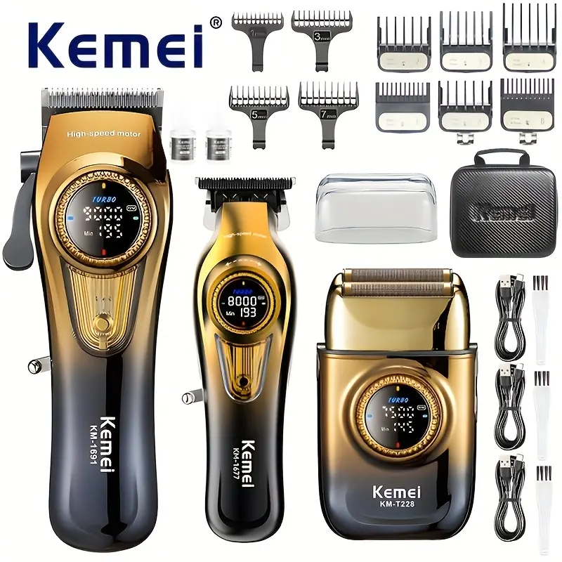 Kome Km-1691+km-1677+t228 Haircut Kit, High Power Shaver Set, Barber Clipper Set, Adjustable Speed, USB Fast Charging, Home & Salon Use, Custom Handbag Included