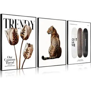 3Pcs Trendy Leopard Print Canvas Wall Art Picture Stylish Female Aesthetic Poster Cheetah Printed Preppy Fashion Skateboard Wall Decor for Bedroom Apartment Dorm Living Room 12x16in Unframed