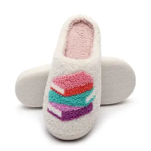 Cute Book Stack Slippers for Women – Soft Faux Fur Plush House Shoes, Anti-Slip Rubber Sole, Cozy Warm Indoor & Outdoor Preppy Style Bedroom Slides for Everyday Comfort and Book Lover Gifts