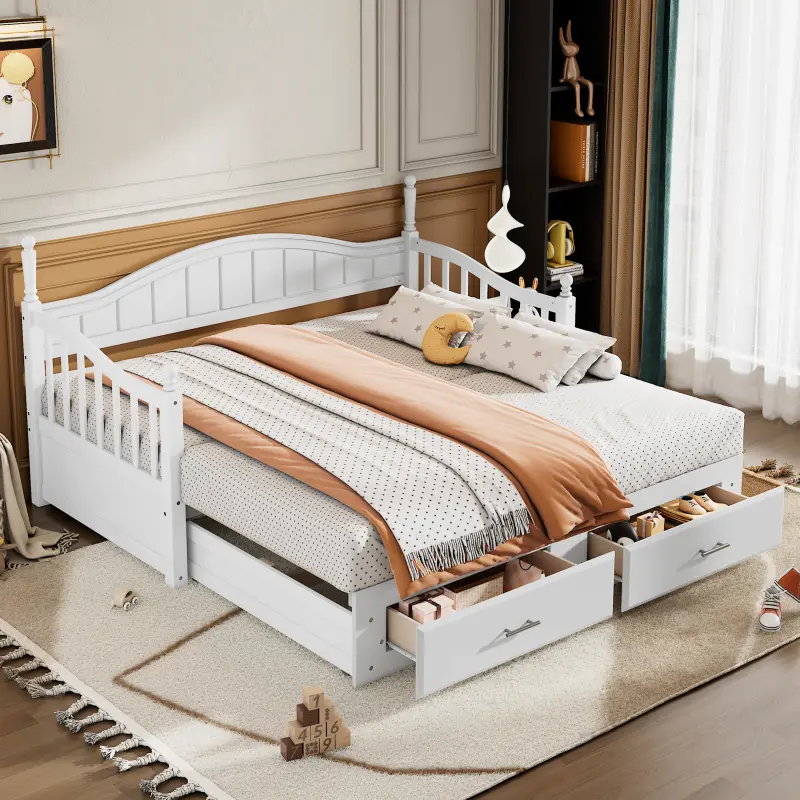Extendable Daybed with Trundle and Storage Drawers, Wooden Storage Daybed, Double Twin Bed Design Extending Bed, No Box Spring Required