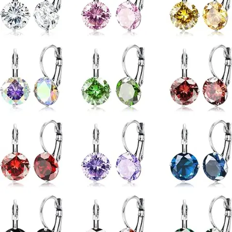 12 Pairs Leverback Dangle Earrings Set for Women, Fashionable Earrings, CZ Stainless Steel Earrings, 6/10 MM Multicolor Cubic Zirconia Designs Drop Earrings, Hoop Earrings Sets