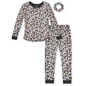 Sleep On It Girls 2-Piece Super Soft Jersey Long Sleeve Snug-Fit Pajama Set for Toddlers & Girls with Scrunchie - Leopard