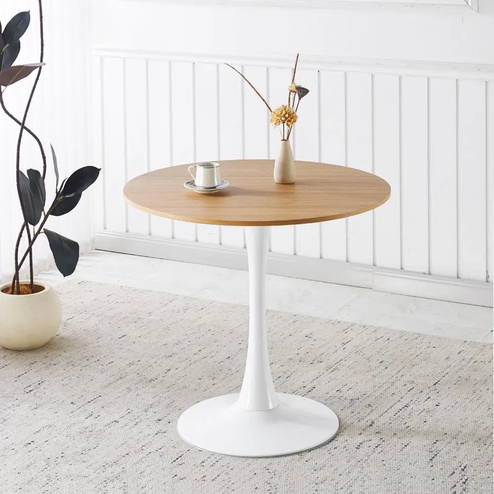 31.5-Inch Round Oak-Color Tulip Table for 2-4, MDF Top with Pedestal Base, Mid-Century Dining, Kitchen or Living Room Table