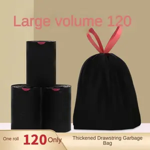 120 Drawstring Garbage Bags. Suitable for home use in the living room, kitchen, toilet, and courtyard. These are thickened and weighted, handheld large-sized garbage bags with an automatic drawstring closure. They are black plastic bags for household