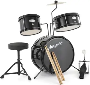 3 Piece Kids Drum Set With Cymbal-2 Drumsticks-Pedal-2 Toms-Throne Stool-Musical Instruments For Boys And Girls-Black Durable Adjustable Wooden Percussion