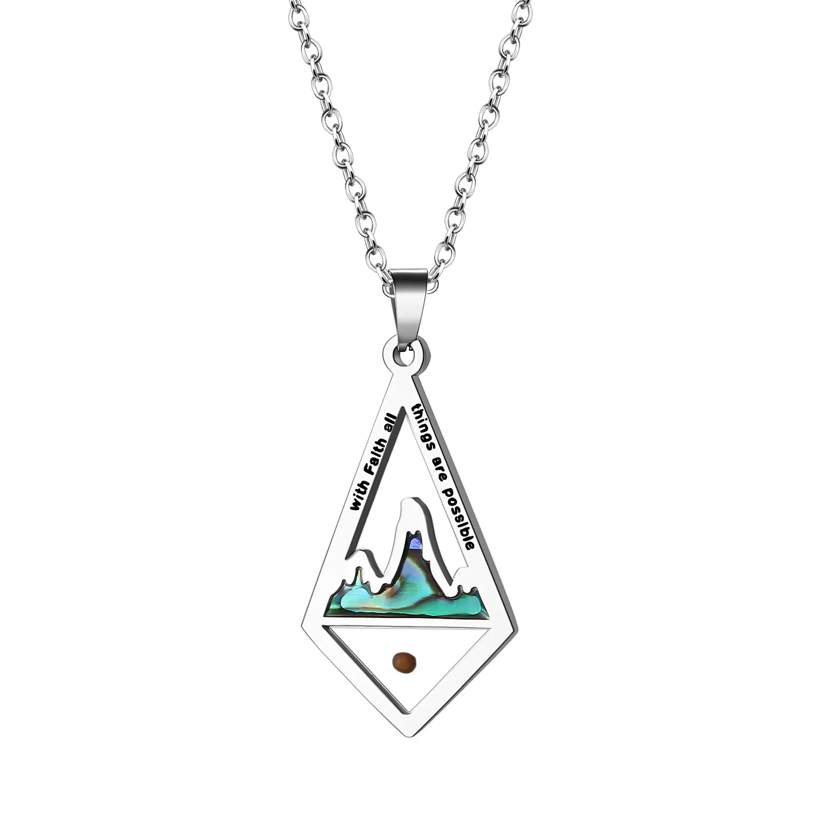 Mustard Seed Mountain Necklace for Women, Geometric Diamond Abalone Shell Pendant with Engraved “With Faith All Things Are Possible”, Stainless Steel Christian Faith Inspirational Gift, Silver Tone, 17.71"+1.97" Extender, Adjustable Necklace, Elegant Neck