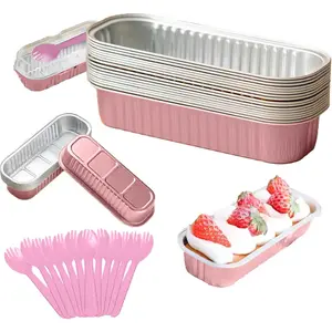 12Pack Mini Loaf Pans with Lids and Spoons, 6.8oz Disposable Rectangle  Foil Oven Cake Container, Baking Bread Muffin Dessert Tins for Family Gatherings and Picnics (Pink)
