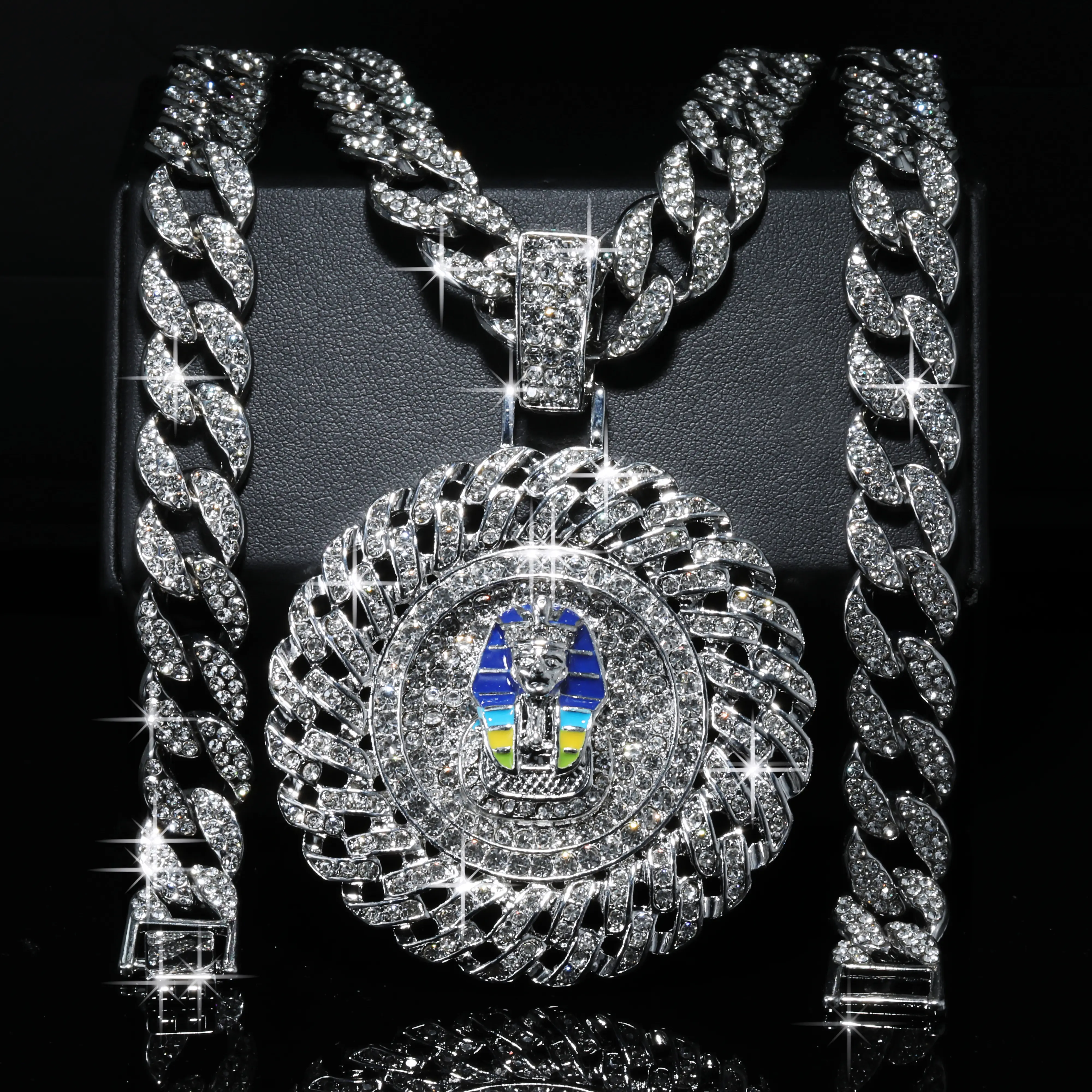 Blingkingstar - 925 Silver Cuban Chain Necklace, Fully Iced Cz - Diamond Chain & Ancient Egyptian Pharaoh Necklace Medallion Pendant, hip-hop style, Fashion Jewelry, Lucky Charm Protection Jewelry for Men and Women Mothers Day Gift,Father's Day Gift