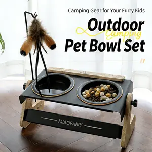 Elevated Dog Bowls Stand, Wooden Structure Adjustable Height Metal Raised Dog Food Bowl for Pets Indoor Or Outdoor Use