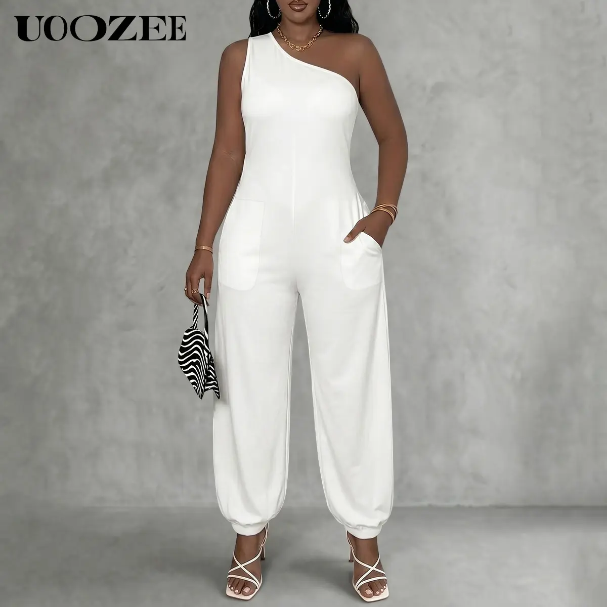 UOOZEE Women's 2026 New Summer Party White One-Shoulder Jumpsuit with Pockets, Slim Fit Polyester Blend Romper, Size Up for Loose Look, Tall Length UOOZEE Women's 2026 New Summer Party White One-Shoulder Jumpsuit with Pockets, Slim Fit Polyester Blend Romper, Size Up for Loose Look, Tall Length