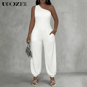UOOZEE Women's 2026 New Summer Party White One-Shoulder Jumpsuit with Pockets, Slim Fit Polyester Blend Romper, Size Up for Loose Look, Tall Length