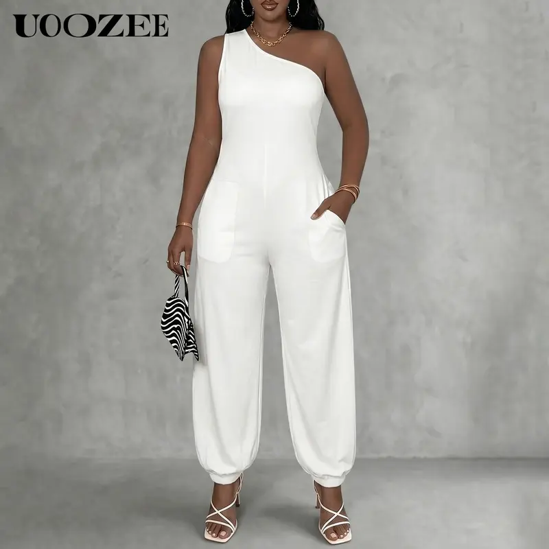 UOOZEE Women's 2026 New Light 1-Shoulder White Slim Fit Overalls - Spandex-Blend Breathable Soft Jumpsuit, Zipper Detail, Pockets, Tall Length, Evening Party Casual Wear, Basic Compression Style Fabric, Size Up for Loose Look