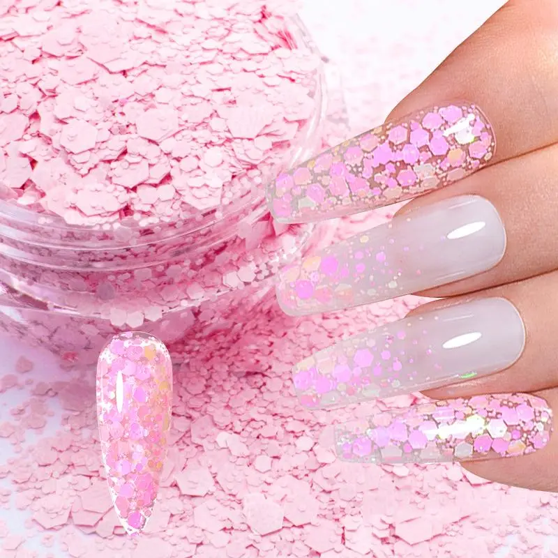 Pink! Matte Nail Glitter Sequins Blue Nail Glitter Flakes 3D Sparkly Hexagon Mixed Size Sequin Decoration Powder Accessories 10g