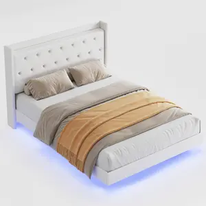 Modern Floating Bed Frame with RGB LED Light, Upholstered Flannel Headboard, Noise-Free Platform