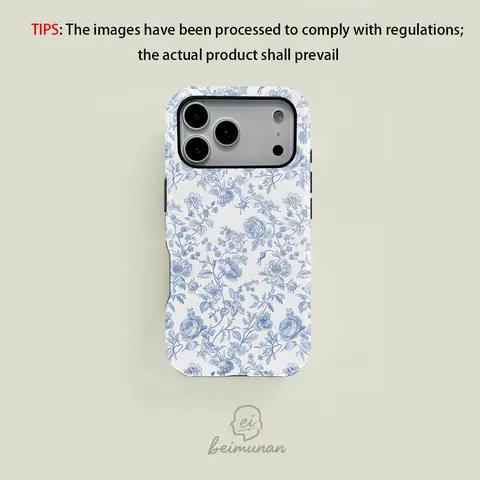 French Toile De Jouy Blue & White Flower 2-in-1 Premium Film Protective Phone Case - Durable, Shock-Absorbing, Stylish Casing for iPhone 11-18, Plus, Pro, Pro Max - Gift-Ready Smartphone, Cellphone Accessories