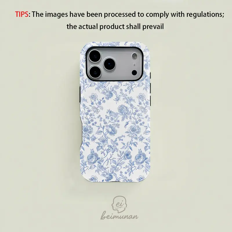 French Toile De Jouy Blue & White Flower 2-in-1 Premium Film Protective Phone Case - Durable, Shock-Absorbing, Stylish Casing for iPhone 11-18, Plus, Pro, Pro Max - Gift-Ready Smartphone, Cellphone Accessories