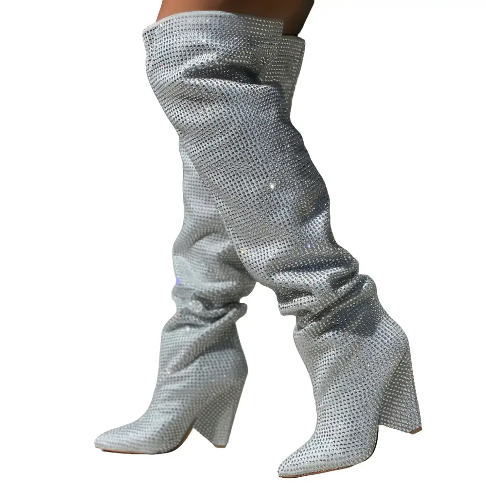 Women's Over Knee Pointy Toe Sparkling Silver Rhinestone-Encrusted NANO-1 Boots, Approx. 4" Cone Heel Stylish Women's Shoe & Footwear, High Heel