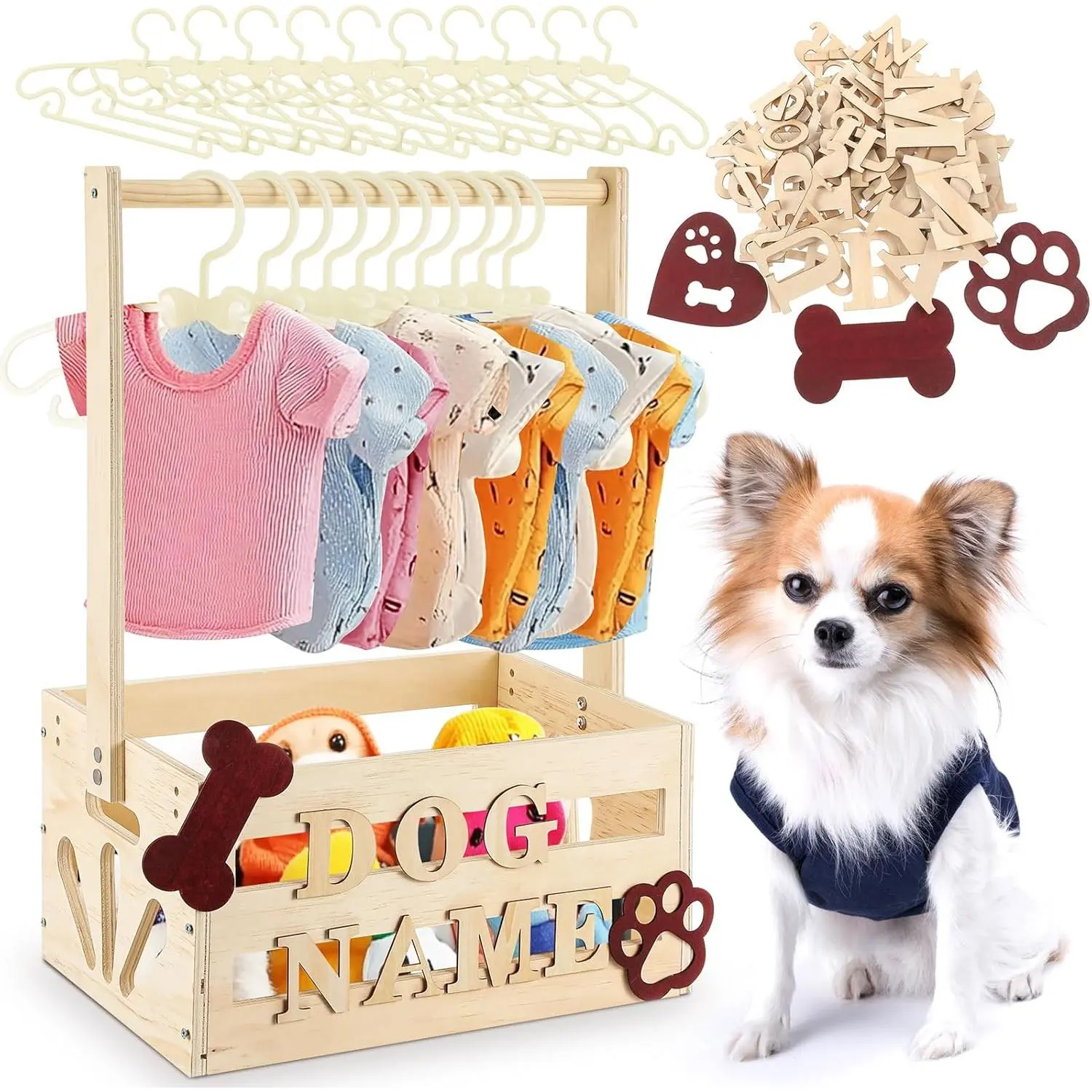 Decorative Wood Pet Wardrobe Closet - Stylish & Functional, Tool-Free Assembly, Built-In Hanging Rods, Removable Baskets, Customizable Name Letters, Closet Organization (20"x13"x9") for Dog & Cat Clothes, Toys, Accessories