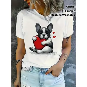 Cute Frenchie Dog Print, Relaxed Fit Short Sleeve Round Neck Tee, Machine Washable All-Season Casual Top, Perfect Gift for Pet Lovers,