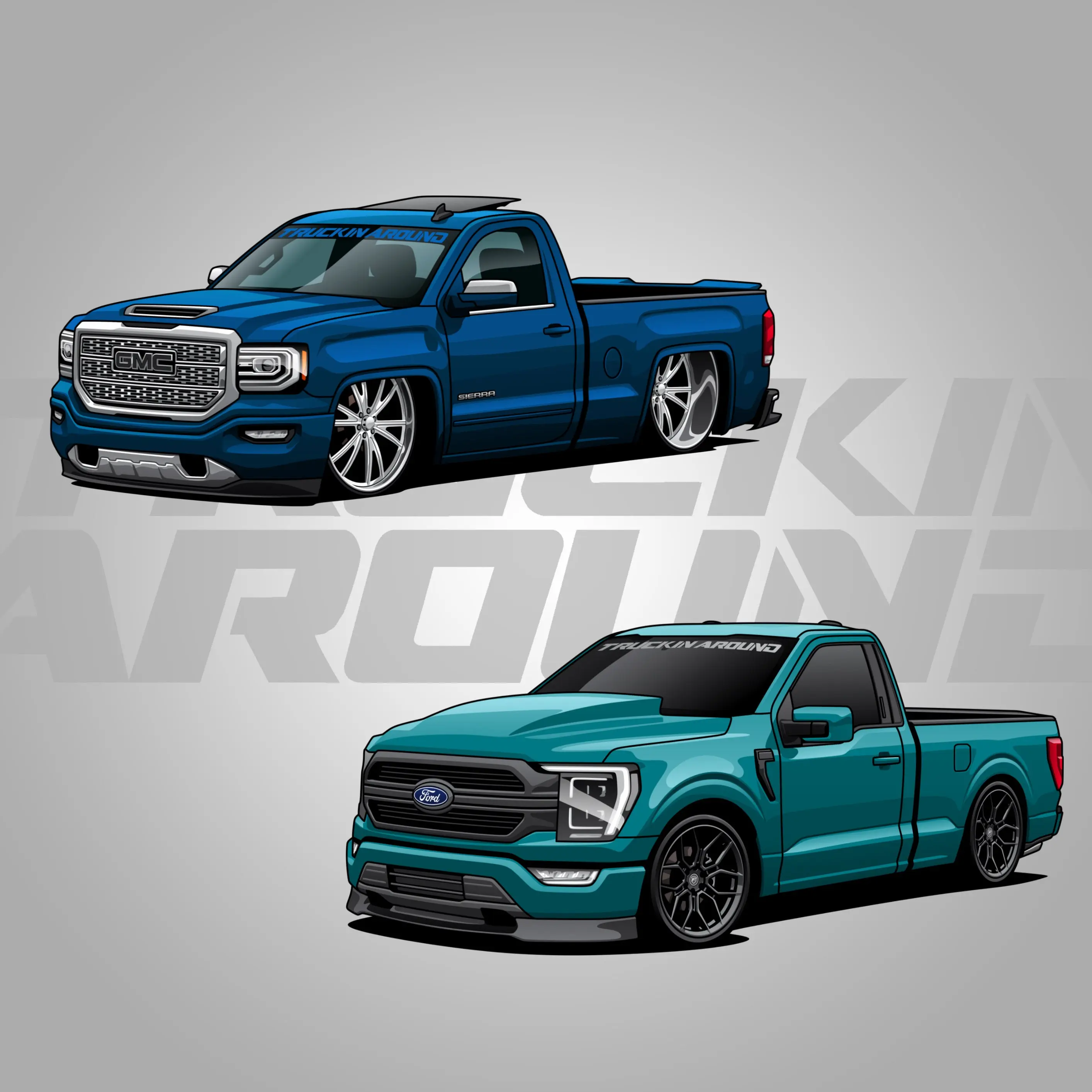 GMC X COYOTE F150 Bagged Blue Pickup Truck with Front Grille and Detailed Design