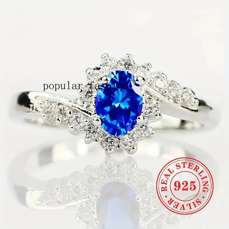 popularS925 Sterling Silver Birthstone Ring With Oval Cubic zirconia And Synthetic Blue Sapphire Elegant Engagement Band Gifts For Women, Ideal For Wedding & Party Jewelry