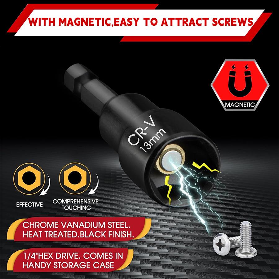 Magnetic Nut Driver Set 15-Piece, SAE (1/4" - 9/16") and Metric (6-14mm) Impact, Chrome Vanadium Steel 1/4" Hex Shank Magnetic Nut Driver Set