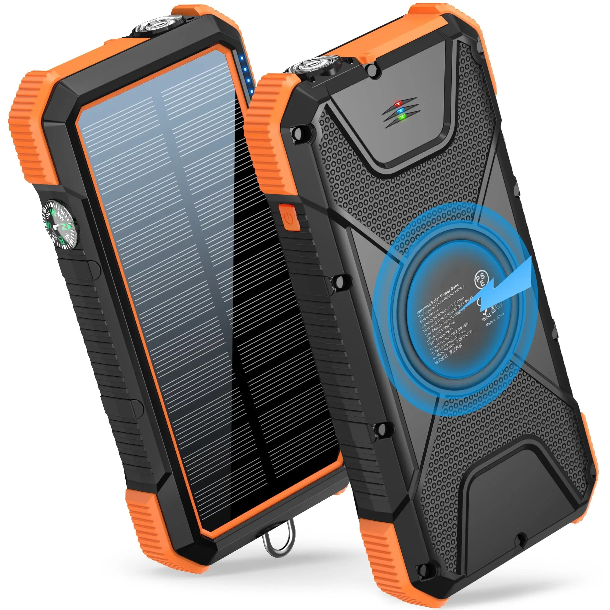W12 High-Powered 20000mAh Portable Power Bank - PD 18W, Quick Charge 3.0, Qi Wireless Charging, USB-A, Micro USB, IPX5 Waterproof Material, Flashlight, Compass for Mobile Phones & Accessories