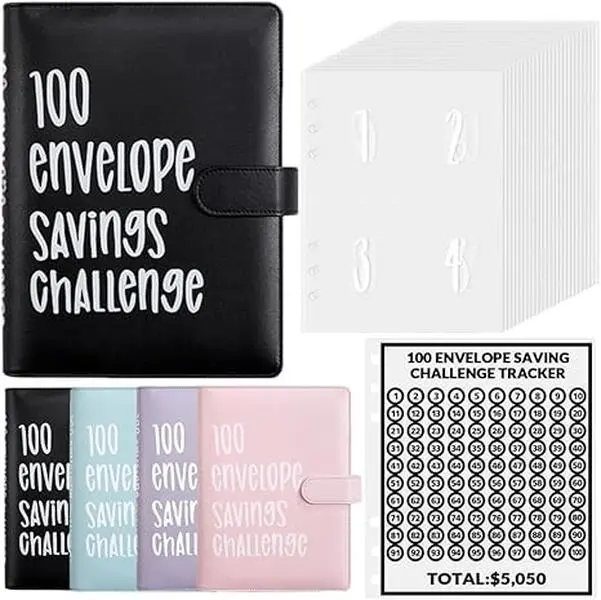 100 Envelope Savings Challenge Binder Kit, Fun Easy Way to Save $5,050, Budget Planner Book with Cash Envelopes for Home Office School