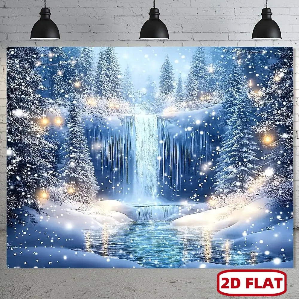 1pc 2D Flat Rustic Country Style Polyester Winter Wonderland Backdrop Banners, Snowy Waterfall Scene with Icicles, Featherless, for Family Gatherings, Holiday Decor