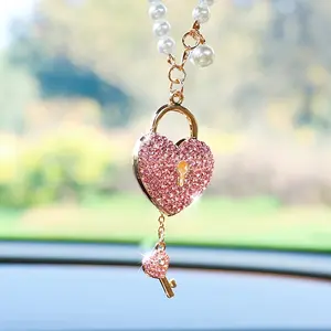 Heart Lock Car Hanging Ornament, Rhinestone Pearl Gold Chain Design, Luxury Rearview Mirror Pendant, 1 Piece Set