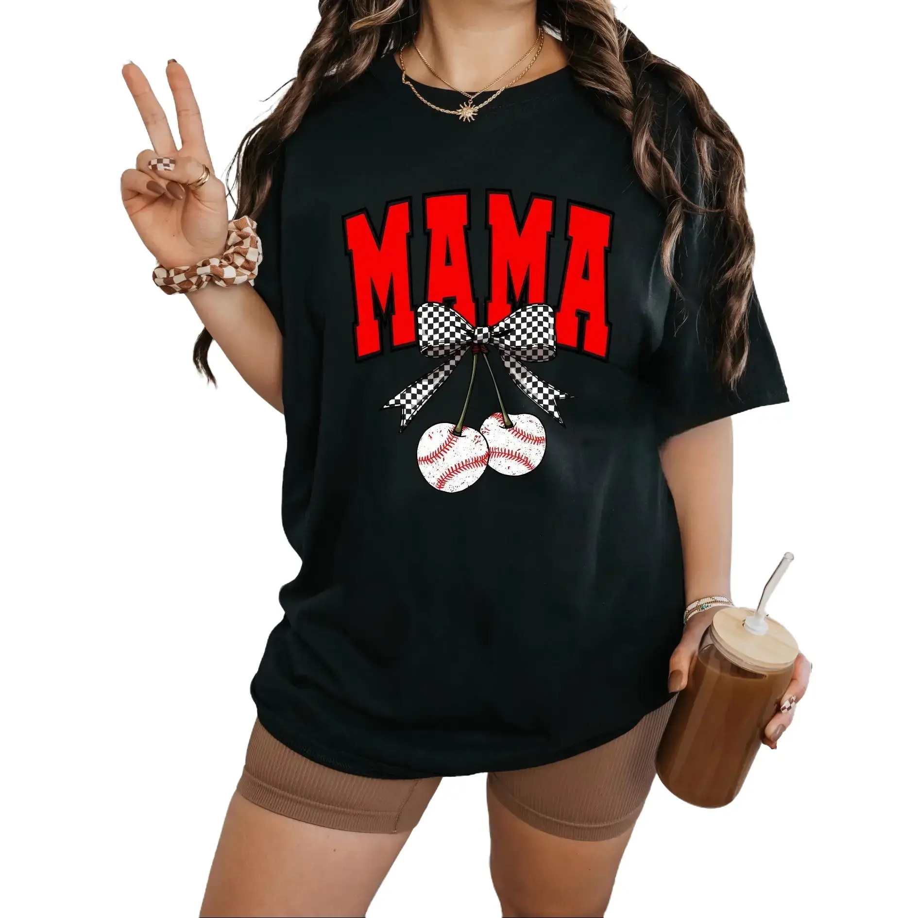 Mama baseball cherries and checkered bow shirt  Women