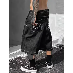 Men'S Fashion Denim Shorts with Embroidered Print, Loose Fit Over-the-Knee, Non-Stretch Fabric, Regular Length - Black with White Graphic Design, Casual Denim Shorts jean  shorts  men Menswear Rayon Polyester Cotton