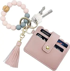 Keychain Wallet Wristlet Small Credit Card Holder Bracelet Key Chain Purse Bangle Tassel Beads Key Rings for Women