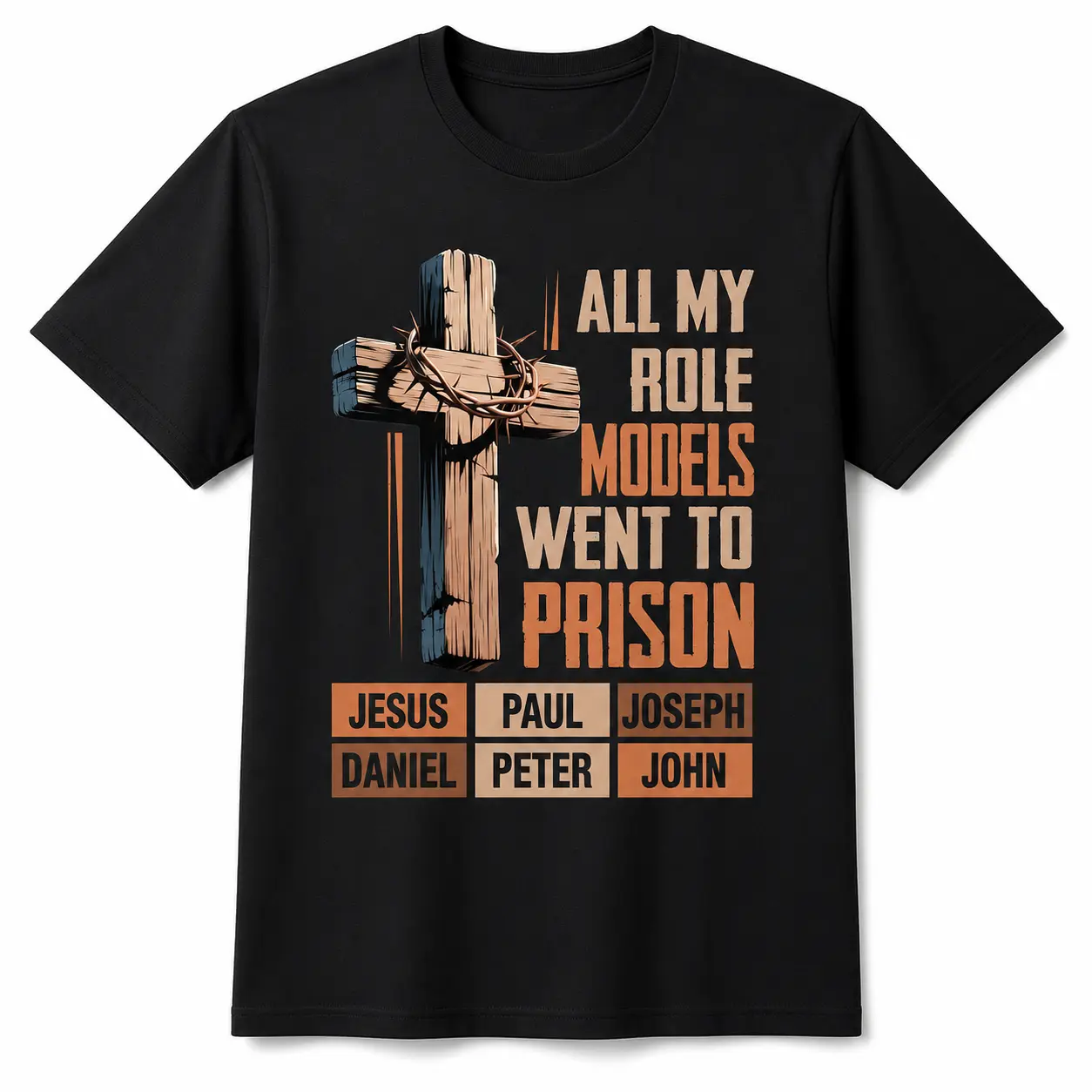 Christian Humor Graphic Tee for Men & Women, All My Role Models Went to Prison Bible T-Shirt, Vintage Faith Short Sleeve Top