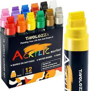 Jumbo Markers 12 Colors, Graffiti Markers-Include Gold Silver, 15MM Felt Tip Acrylic Paint Marker, Thick Jumbo Marker for Posters Board, Fabric, Canvas, Window, Wood, Teachers, Banner, Glass